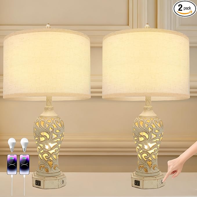 NITEBEE Bedside Lamps Set of 2, Stepless Dimming, 3 Color Temperatures, Bedroom Lamps for Nightstand, Table Lamp with USB Port, Living Room Table Lamp, Farmhouse Lamps for Living Room(Bulbs Included)