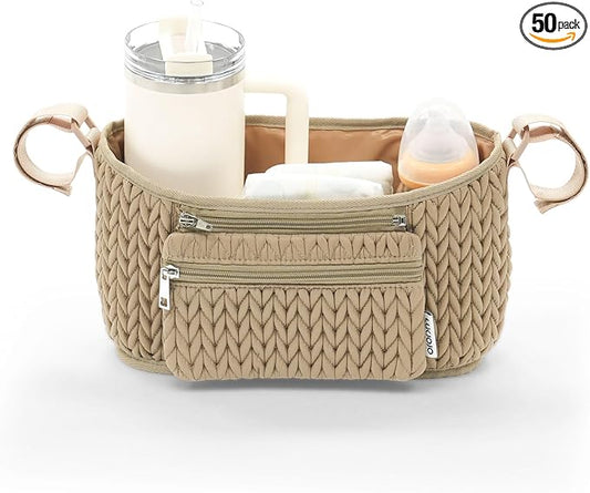 LUKJOJO Stroller Organizer - Stylish 3D Herringbone Quilting Nylon, Universal Fit, Detachable Bag, Adjustable Multi-Storage for Baby Essentials