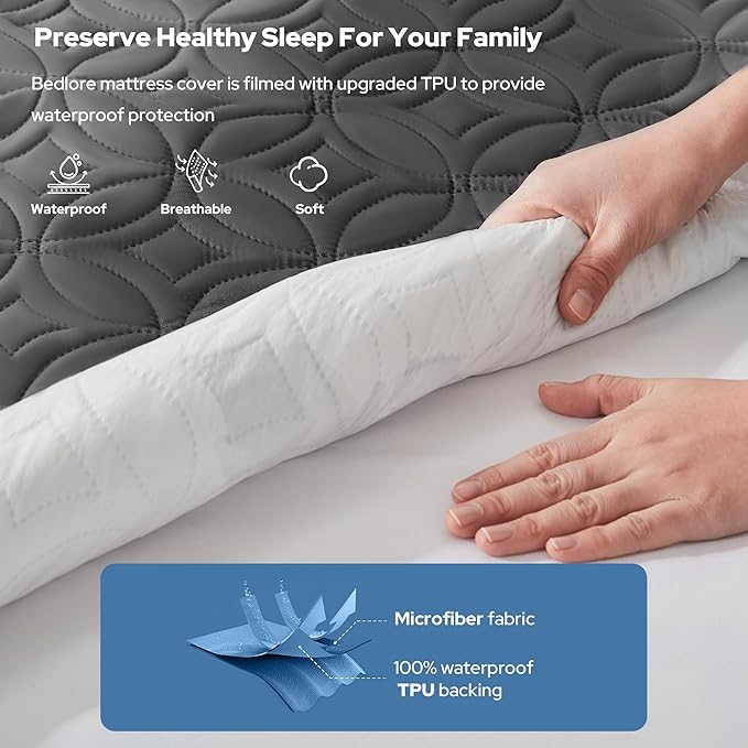 BEDLORE 2 Pack Waterproof Mattress Protector, Twin XL Size Mattress Pad with Deep Pocket 6"-15" Depth, Soft Breathable Bed Mattress Cover for Bedroom, College Dorm (Gray)