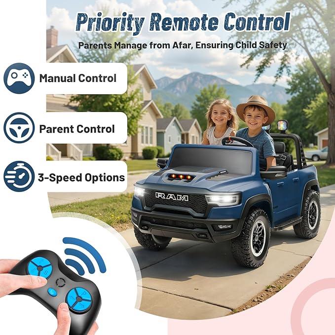 Electric Car for Kids, Licensed Ram 1500 RHO, 24V Ride on Toys for Big Kids, Battery Powered with Parent Remote Control, LED Light/Music/MP3, Back Storage, Blue