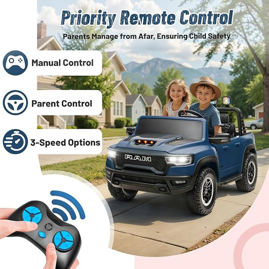 Electric Car for Kids, Licensed Ram 1500 RHO, 24V Ride on Toys for Big Kids, Battery Powered with Parent Remote Control, LED Light/Music/MP3, Back Storage, Blue