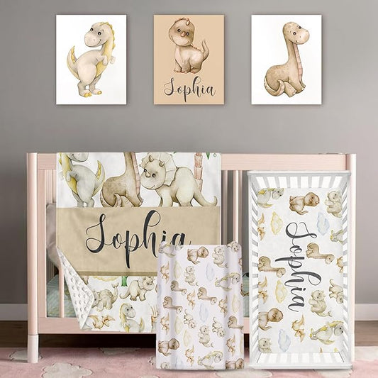 Personalized Baby Crib Bedding Set: 4 Piece Custom Gift Crib Bed Set with Name - Cute Dinosaur Theme,Nursery Bedding Set for Baby Girls Crib,Newborn Boys Crib Sets, Crib Bedding Shower Gifts
