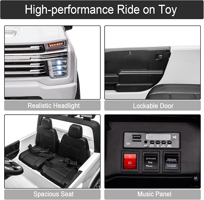 FINITO 24V Kids Electric Car,4WD Licensed Chevrolet Silverado,2 Seater Ride On UTV Car with Parental Remote Control, Music, Bluetooth, Gift for Kids(White)