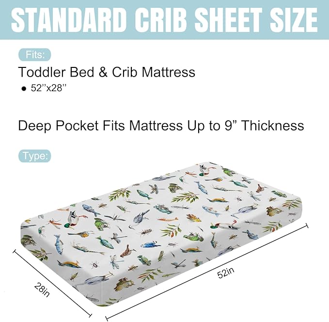 Wildlife Pond Baby Crib Sheets 52''x28'' Wild Animals Frogs Duck Fish Bird Weeds Snug Fitted Crib Mattress Cover for Boy Girl Fishing Hunting Soft Nursery Bed Sheet for Standard Crib Toddler Mattress