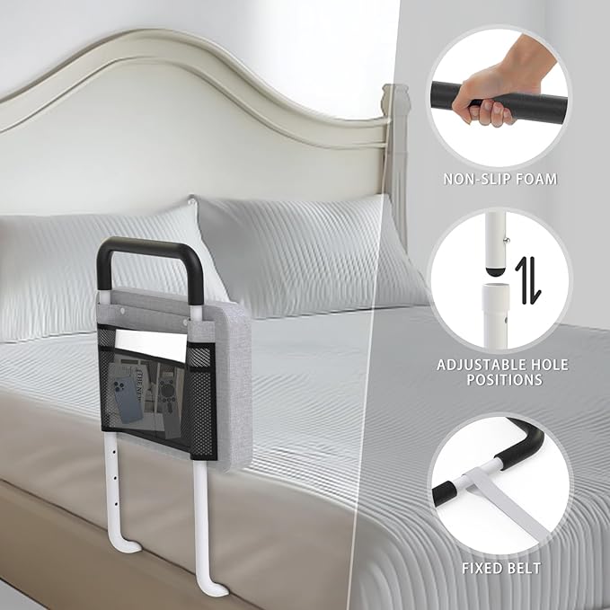 Bed Rails for Elderly Adults Safety, Bedside Mobility Assistant Railing with Padded, Bumper & Storage Pocket, Medical Support Bar for Twin, Full, Queen, King, Bunk, Dorm Beds, Gray