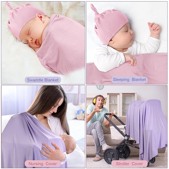 JaGely 2 Pcs Stretchy Baby Swaddle Blankets Set Extra Soft 47" x 47" Baby Newborn Swaddle Blanket and Hat(Pink, Light Purple)