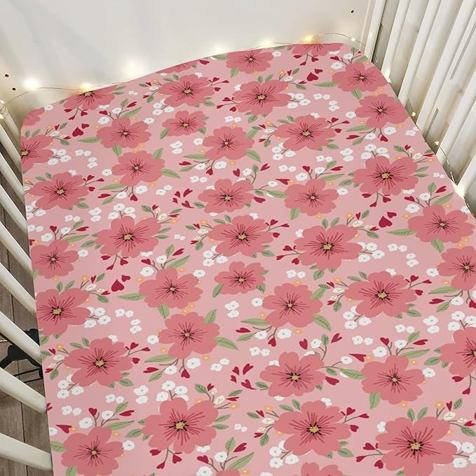 Love Blooms Rose Baby Crib Sheets for Boy Girl 52"x28" Boho Floral Hearts Soft Stretchy Fitted Crib Mattress Cover Spring Summer Blossom Baby Sheet for Standard Crib and Toddler Bed Mattress