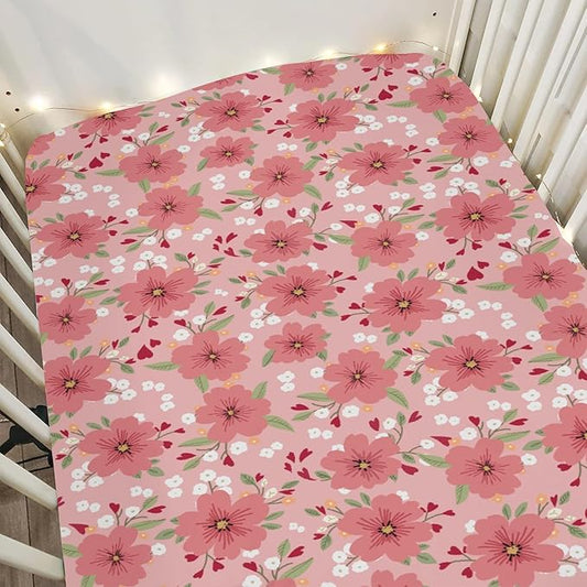 Love Blooms Rose Baby Crib Sheets for Boy Girl 52"x28" Boho Floral Hearts Soft Stretchy Fitted Crib Mattress Cover Spring Summer Blossom Baby Sheet for Standard Crib and Toddler Bed Mattress