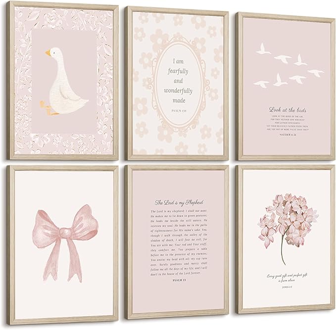 Nursery Christian Wall Art Bible Verse Prints Pink Girl Nursery Room Canvas Wall Decor Coquette Bow Poster Jesus Boho Scripture Pictures Vintage Floral Artwork for Bedroom 8x10x6 Inch Framed