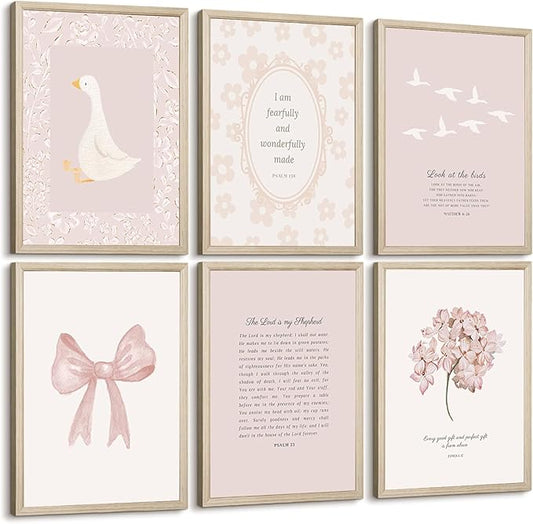 Nursery Christian Wall Art Bible Verse Prints Pink Girl Nursery Room Canvas Wall Decor Coquette Bow Poster Jesus Boho Scripture Pictures Vintage Floral Artwork for Bedroom 8x10x6 Inch Framed
