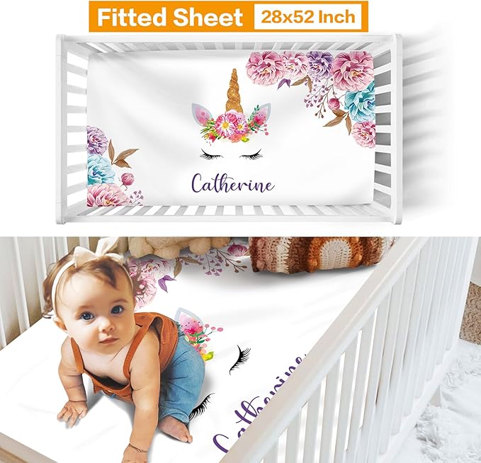 Custom Nursery Crib Bedding Set: Personalized Nursery Decor Baby Blanket Fitted Crib Sheet Changing Pad Cover Baby Room Rug Horn Pattern Gift Idea(Fixed Size)