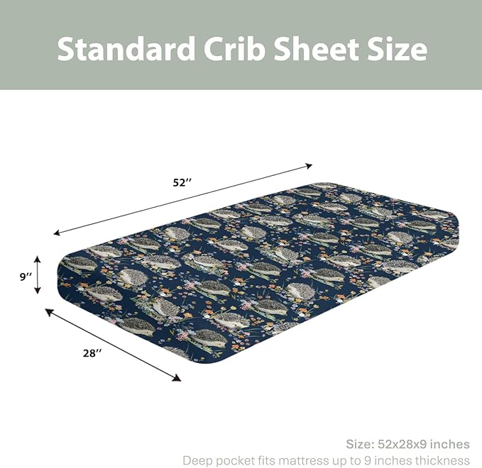 Happy Hedgehogs Mushroom Floral Baby Crib Sheets for Boy Girl 28"x52" Cartoon Hedgehog Soft Snug Fitted Crib Mattress Cover Summer Animal Baby Sheet for Standard Crib & Toddler Bed Mattress