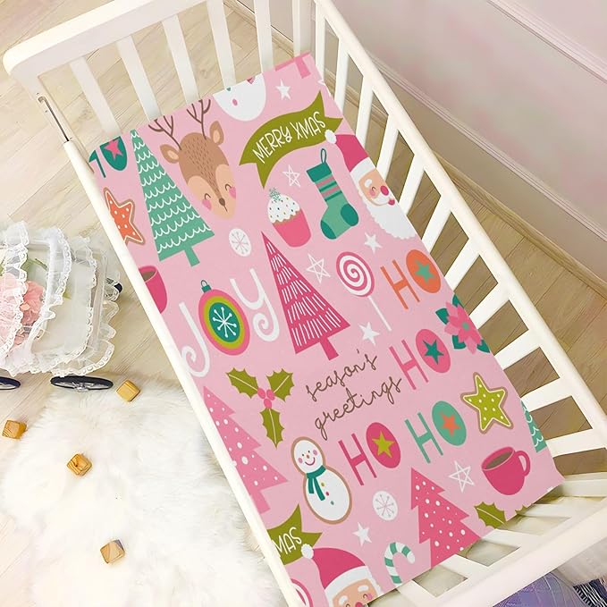 CEBUGI Stretchy Crib Sheet for Baby Boy Girl,Pink Father Christmas Portable Mini Fitted Pack N Play Playard Sheet for Neutral,Ultra Soft Material,Full Standard Toddler Mattresses,M