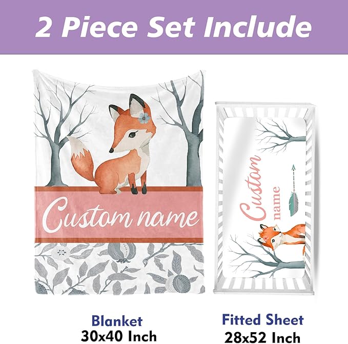 Orange Fox Theme Personalized Crib Bedding Set - 2 Piece Custom Name Crib Set with Blanket and Crib Sheet for Infant, Crib Set for Newborns Infant, Comfort and Soft