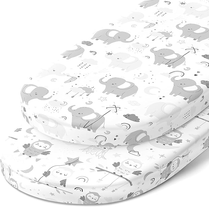 Moses Basket Fitted Sheets for 11 x 29 Inch Oval Bassinet Mattress – Snuggly Soft 100% Jersey Cotton – Owls and Elephants – 2 Pack