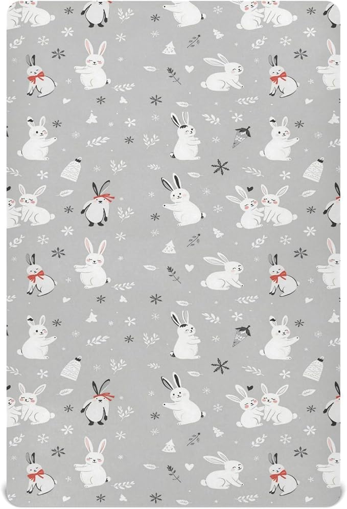 Pfrewn Christmas Crib Sheets for Boys Girls Cute White Bunnies Snow Fitted Crib Sheet Fits Standard Crib Mattress Pads Winter Pattern Stretch Soft Toddler Baby Sheet,52x28IN