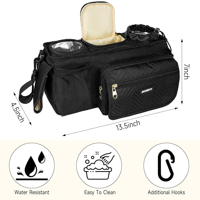 Universal Stroller Organizer with Insulated Cup Holder,Stroller Caddy Bag with Wet Wipes Pocket,Stroller Accessories Fits for Uppababy,Doona,Jogger,Britax,Mompush,BoB Strollers,Black