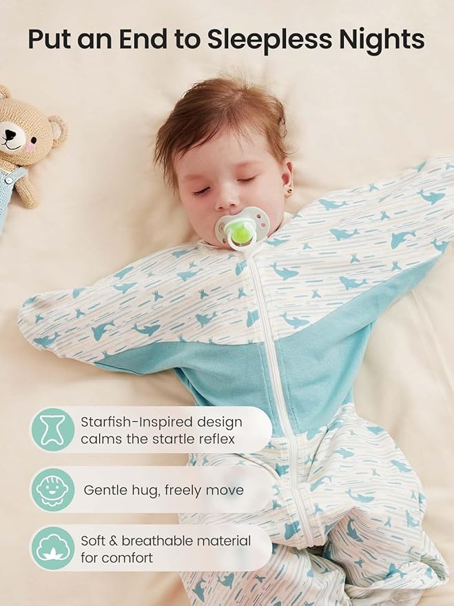 GROWNSY Transitional Swaddle Sleep Sack 6-12 Months,Starfish Design Baby Swaddle Sack, Dual-Zipper for Easy Diaper Changes, Proper Hip Development & Openable Foot Button, 19-27 lbs, Whales and the Sea