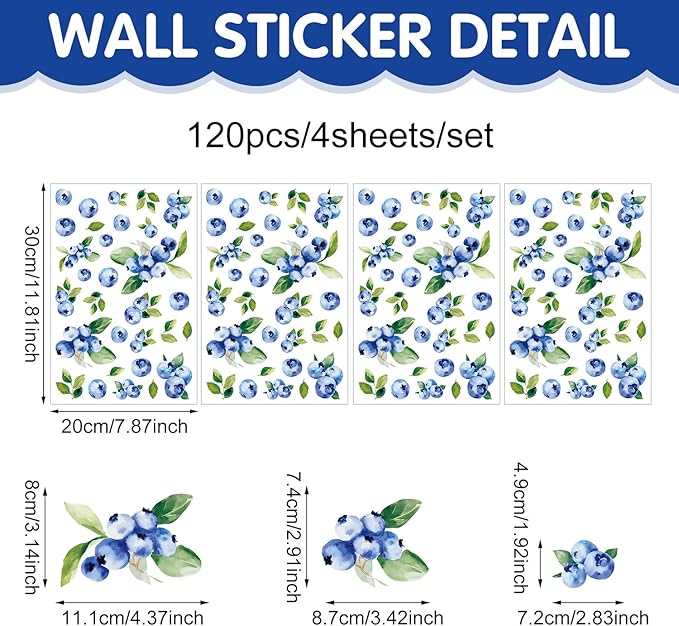 Blueberries Wall Stickers Decor, Kitchen Stickers Wall Decor, Kitchen Wall Stickers, Removable Peel and Stick Fruit Decals for Nursery, Playroom, Girls Bedroom, Living Room