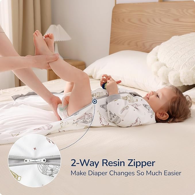 Baby Sleep Sack 6–12 Months, Cotton Sleep Sack with Detachable Long Sleeves, 1.0 TOG Wearable Blanket for Cooler Nights, 2-Way Zipper Toddler Sleeping Sack with Temperature Strip, Hot Air Balloon