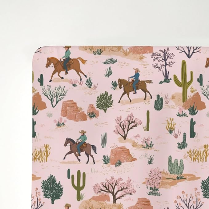 Retro Western Cowboy Pink Baby Crib Sheets for Boy Girl 52"x28" Vintage Cowboy Cactus Soft Stretchy Fitted Crib Mattress Cover Wild Desert Baby Sheet for Standard Crib and Toddler Bed Mattress