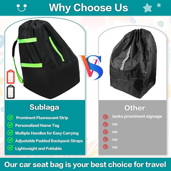 Sublaga Waterproof Car Seat Bags For Airplane Travel, Durable Carseat Cover For Air Travel Car Seat Travel Bag with Shoulder Straps and 2pcs Luggage Tags For Airplane