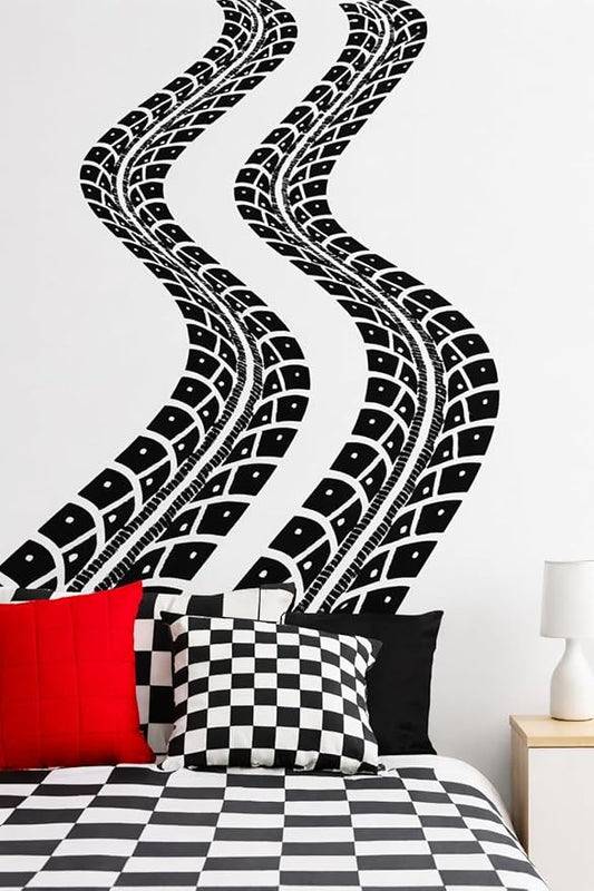 Tire Tracks Wall Decal for Kids Room – Racing Tire Mark Wall Sticker – Car Theme Bedroom, Nursery & Playroom Decor – Race Track Wall Art for Children & Boys Rooms