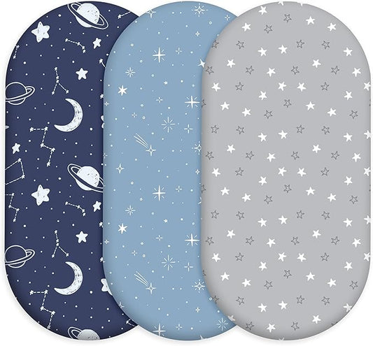 Baby Bassinet Sheets 3 Pack, Fitted Cradle Sheets for Boys & Girls, Ultra Soft Breathable 32" x 16", Universal Fit for Rectangle Round Oval Hourglass Mattress (Blue Gray Planet)