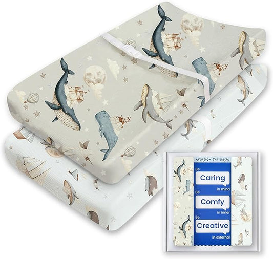 Premium Soft Boho Changing Pad Covers for Girls & Boys - Stretchy Jersey Sheets - Fits Standard Changing Tables - 2 Pack (Whale Dreams)