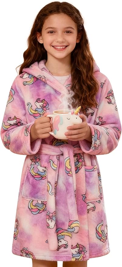 SANGTREE Boys Girls Robe Fleece Hooded Soft Toddler Bathrobe Cute Boys Bathrobe Fuzzy Plush Robes for Kids, 2-12 Years