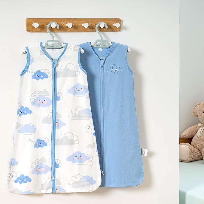 TILLYOU 2 Pack Baby Sleep Sack 18-24 Months 100% Cotton Wearable Blanket 0.5 TOG Sleeveless Summer Sleep Sacks with 2-Way Zipper, Small Cloud & Blue