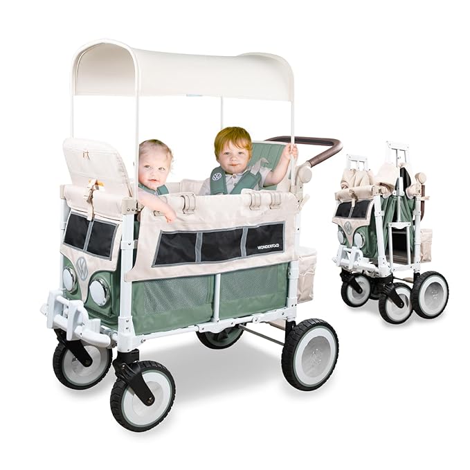 WONDERFOLD Volkswagen Double Stroller Wagon (2 Seater) - Foldable Wagon Stroller with Classic VW Bumper, Headlights, and Retro All-Terrain XL Wheels, Sage Green