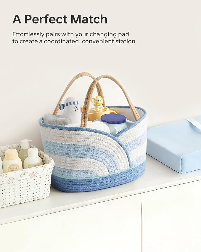 Babygreat Baby Diaper Caddy Organizer - Portable Cotton Rope Diaper Caddy Basket for Nursery, Gift for Baby Shower List, Storage for Diapers, Wipes, Toys & Newborn Essentials (Blue/White)
