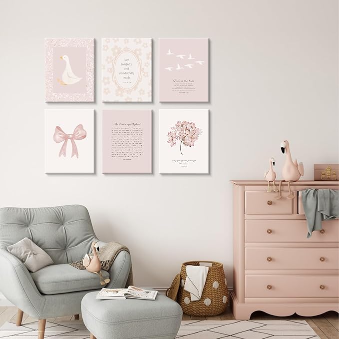 Nursery Christian Wall Art Bible Verse Prints Pink Girl Nursery Room Canvas Wall Decor Coquette Bow Poster Jesus Boho Scripture Pictures Vintage Floral Artwork for Bedroom 12x16x6 Inch Wrapped Canvas