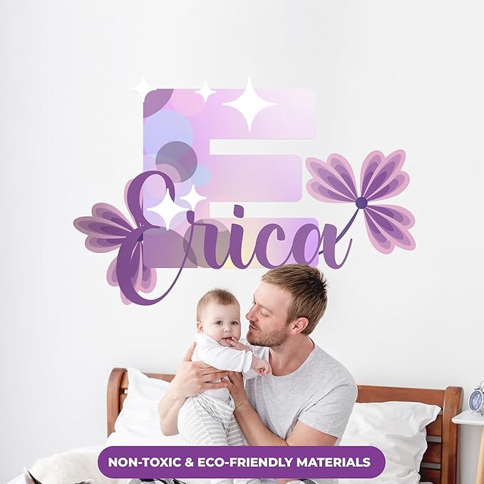 CRYPTONITE Custom Stickers Name & Initial Wall Decor with Purple Flower | Custom Decal for Baby Girl Nursery Decor (E. Floral)