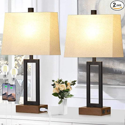 Lolikit Table Lamps Set of 2 with 2 USB Ports and AC Power Outlet, Modern Bedside Lamp, Wood Nightstand Lamp with Linen Shade for Living Room Bedroom End Table Hotel Desk(LED Bulb Included)