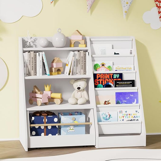 HedoAjim Kids Bookshelf with Toy Storage Organizer Movable Drawer, Toddler Bookcase 5 Sling Child Book Rack 4-Tier Shelf Cabinet Chest with Wheels for Nursery,Playroom,Bedroom,Living Room,Classroom