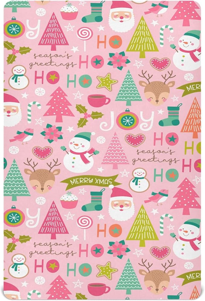 Pink Christmas Pattern Crib Sheets Soft Breathable Fitted Baby Crib Sheets Mattress Cover for Girl Boys, 52" x 28" x 9"