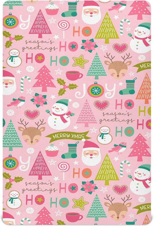Pink Christmas Pattern Crib Sheets Soft Breathable Fitted Baby Crib Sheets Mattress Cover for Girl Boys, 52" x 28" x 9"