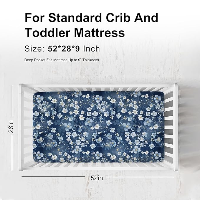 Wonderful Flowers Baby Crib Sheets for Boy Girl 52"x28" Navy White Wild Flowers Leaves Crib Mattress Covers Soft Breathable Boho Spring Garden Baby Sheets for Standard Crib and Toddler Bed Mattress
