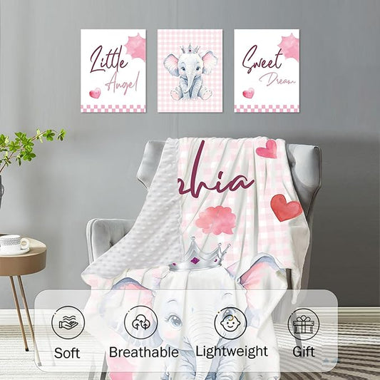 Personalized Baby Crib Bedding Set: 4 Piece Custom Pink Checkered Elephant Crib Bed Set with Name, Nursery Bedding Set for Baby Girls, Newborn Boys Crib Sets, Crib Bedding Custom Gift, Crib Sheet
