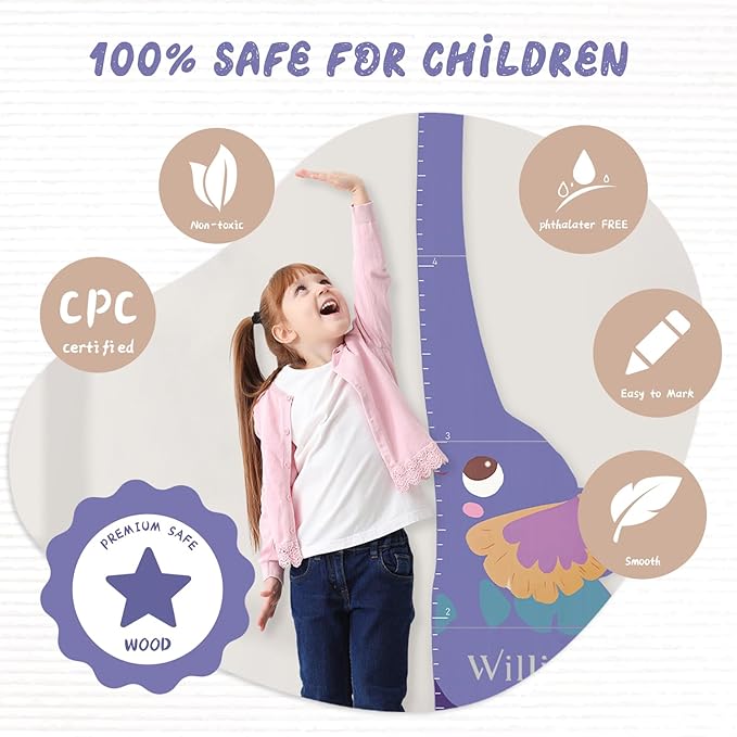 Woodemon Personalized Name Growth Chart for Kids, Elephant Patchwork Wooden Height Chart for Wall Decor, Baby Boy Girl Measurement Ruler for Room 63" x 15.7"