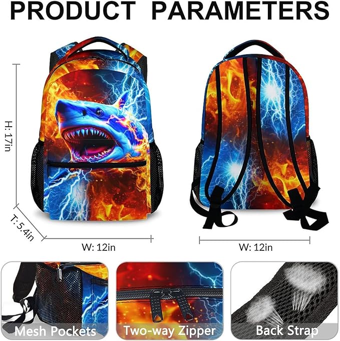 CustomWish Boys Shark Backpack - School Backpacks for Kids Teens Kindergarten Primary Middle Senior - 17 Inch Cool Lightweight Large Capacity Bookbag for School Travel