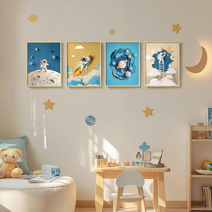 Framed Space Astronaut Wall Art for Nursery Decor, 4 Piece Outer Space Themed Canvas Art Prints Paintings, Planet Rocket Pictures for Bedroom, Kids Room, Baby Room, Boys Room, Bathroom Wall Decor