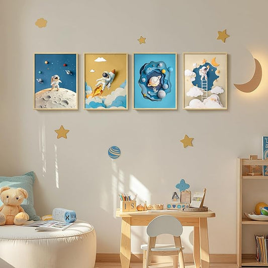 Framed Space Astronaut Wall Art for Nursery Decor, 4 Piece Outer Space Themed Canvas Art Prints Paintings, Planet Rocket Pictures for Bedroom, Kids Room, Baby Room, Boys Room, Bathroom Wall Decor
