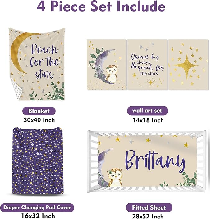 Personalized Baby Crib Bedding Set: 4 Piece Custom Gift Crib Bed Set with Name - Purple Owl Design, Nursery Bedding Set for Baby Girls,Newborn Girls Crib Sets, Crib Bedding Shower Gifts
