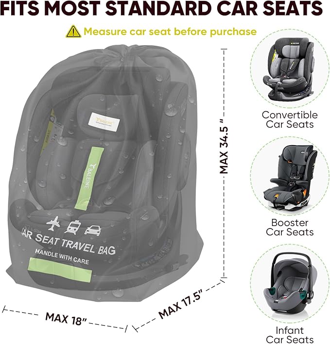 BALEINE Car Seat Travel Bag for Airplane, Water-Resistant Car Seat Bags for Air Travel, Foldable Cover with 3 Handles, Fits Toddler Carseat, Convertible and Booster Seats (Black)