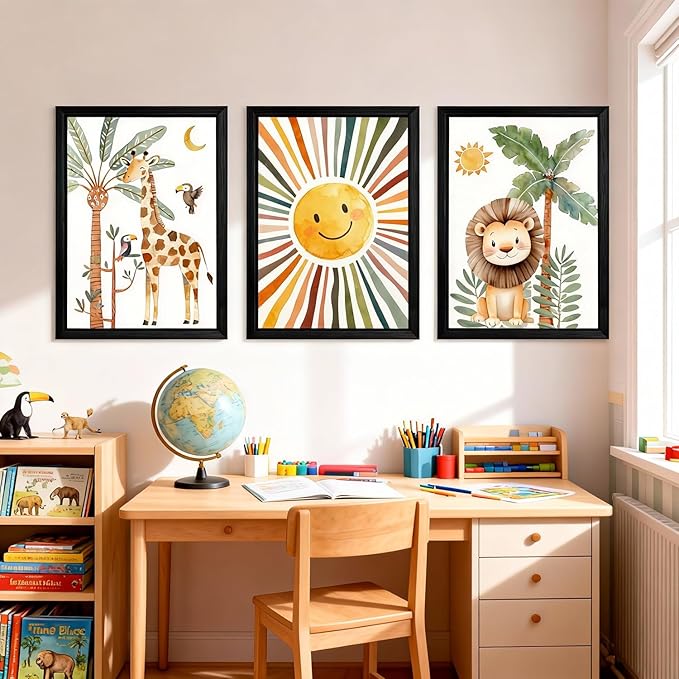 Cute Sun Lion Giraffe Quote Framed Wall Art Set of 4, 11x16 Boho Educational Animal Wall Sign for Baby Girl Kid Boy Toddlers, Wooden Inspirational Nursery Wall Decor Black