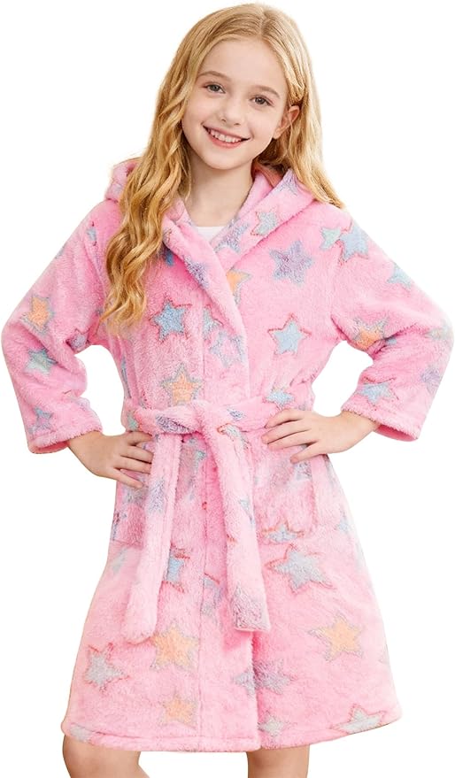 SANGTREE Boys Girls Robe Fleece Hooded Soft Toddler Bathrobe Cute Boys Bathrobe Fuzzy Plush Robes for Kids, 2-12 Years