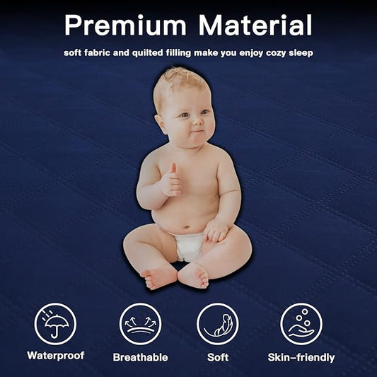 Mecerock Twin Mattress Protector Waterproof, Quilted Fitted, Navy Blue, 18 Inches Deep Pocket, Washable